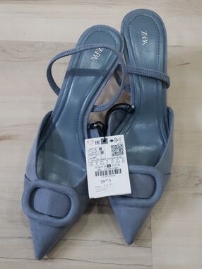 Zara Dusty Blue Pointed Toe Slingback Kitten Heels Size 8